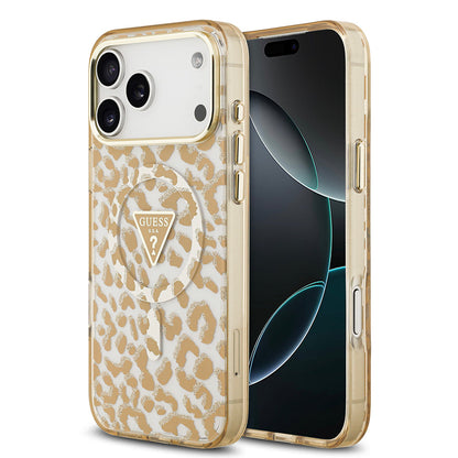 Apple iPhone 17 Pro Max Kılıf Guess Orjinal Lisanslı M-safe Şarj Özellikli Üçgen Logolu Simli Leopar Desenli Kapak - Görsel 2