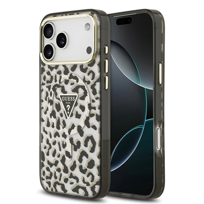 Apple iPhone 17 Pro Max Kılıf Guess Orjinal Lisanslı M-safe Şarj Özellikli Üçgen Logolu Simli Leopar Desenli Kapak - Görsel 3