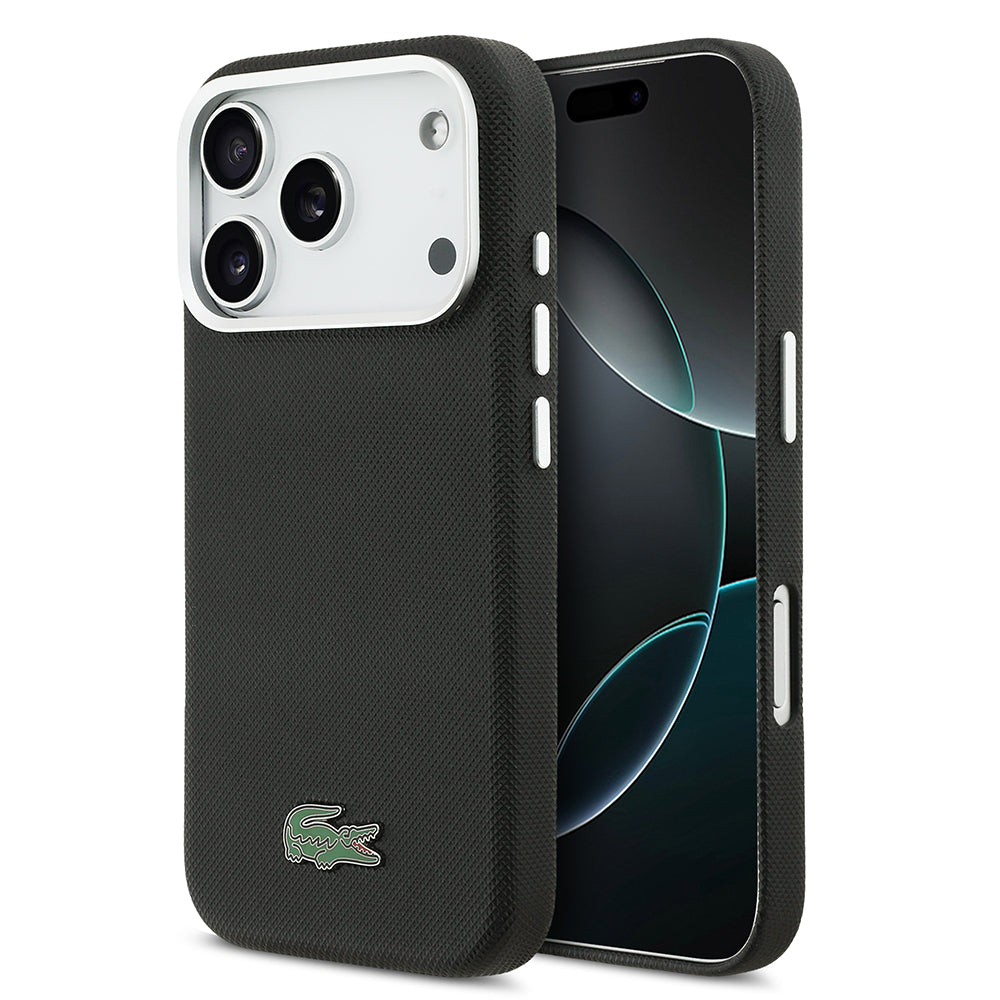 Apple iPhone 17 Pro Max Kılıf Lacoste Orjinal Lisanslı M-Safe Şarj Özellikli PVC Pike Desenli Arka Yüzey İkonik Timsah Dokuma Logolu Kapak