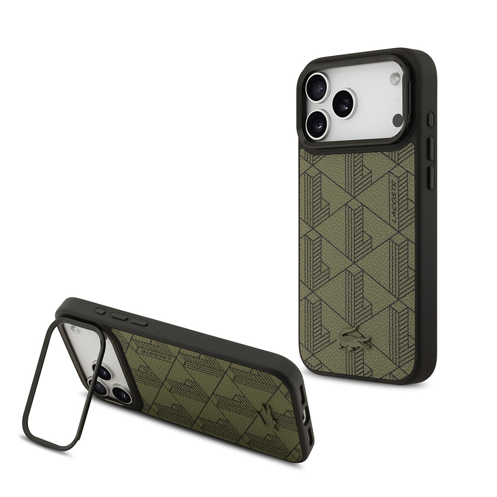 Apple iPhone 17 Pro Max Kılıf Lacoste Orjinal Lisanslı M-safe Şarj Özellikli Standlı PU Deri Karışık Monogram Desenli Kapak - Görsel 2