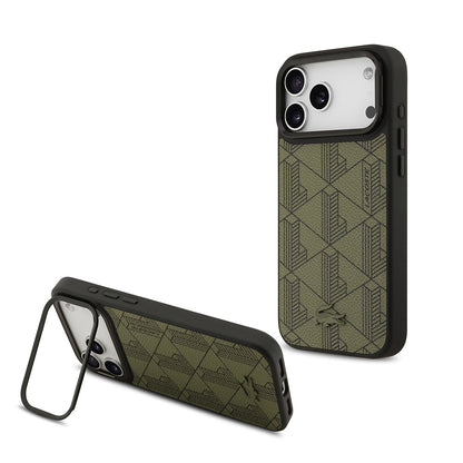Apple iPhone 17 Pro Max Kılıf Lacoste Orjinal Lisanslı M-safe Şarj Özellikli Standlı PU Deri Karışık Monogram Desenli Kapak - Görsel 2