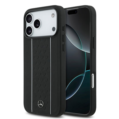 Apple iPhone 17 Pro Max Kılıf Mercedes Benz Orjinal Lisanslı M-safe Şarj Özellikli Şeritli Yıldız Desenli Metal Logolu Deri Kapak - Görsel 3