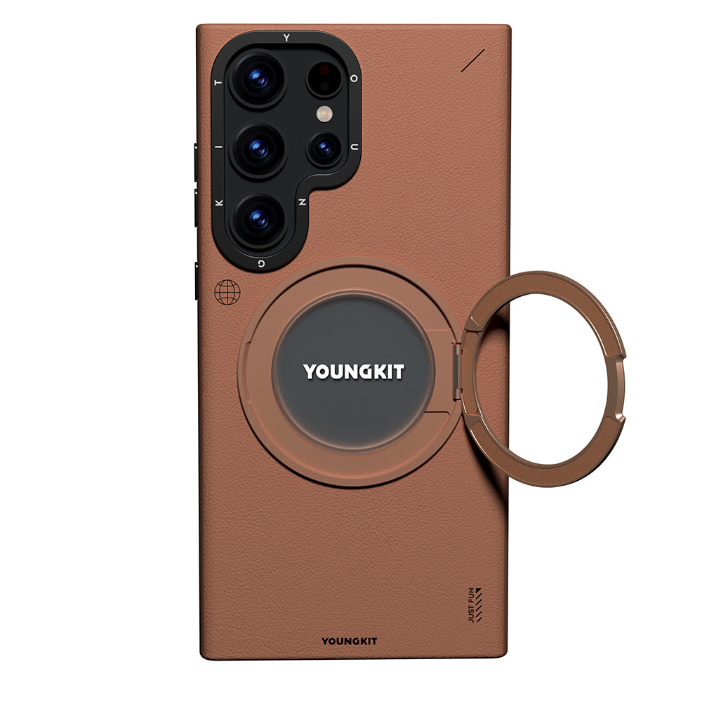Galaxy S23 Ultra Kılıf M-safe Şarj Özellikli 360° Standlı Basit Mat Deri Desenli Youngkit Tech Leather Serisi Kapak - Görsel 4