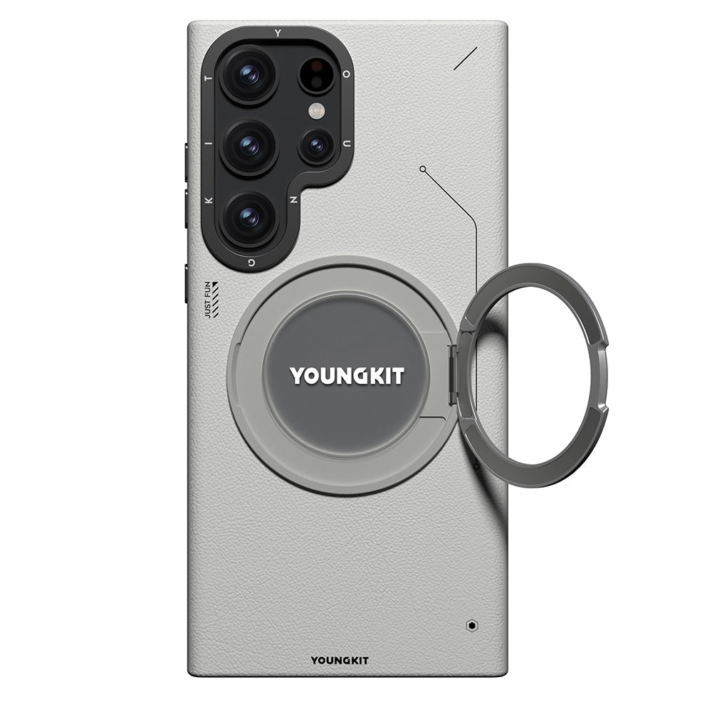 Galaxy S23 Ultra Kılıf M-safe Şarj Özellikli 360° Standlı Basit Mat Deri Desenli Youngkit Tech Leather Serisi Kapak - Görsel 3