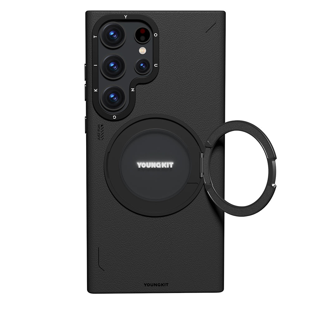 Galaxy S23 Ultra Kılıf M-safe Şarj Özellikli 360° Standlı Basit Mat Deri Desenli Youngkit Tech Leather Serisi Kapak - Görsel 2