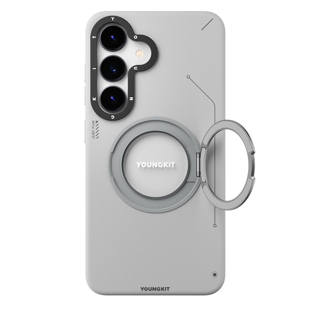 Galaxy S25 Kılıf M-safe Şarj Özellikli 360° Standlı Basit Mat Deri Desenli Youngkit Tech Leather Serisi Kapak - Görsel 3