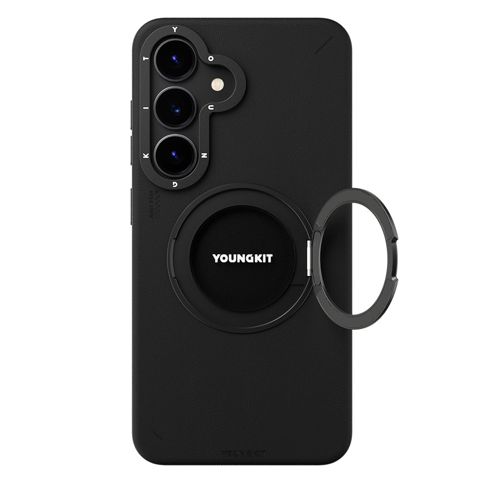 Galaxy S25 Kılıf M-safe Şarj Özellikli 360° Standlı Basit Mat Deri Desenli Youngkit Tech Leather Serisi Kapak - Görsel 2