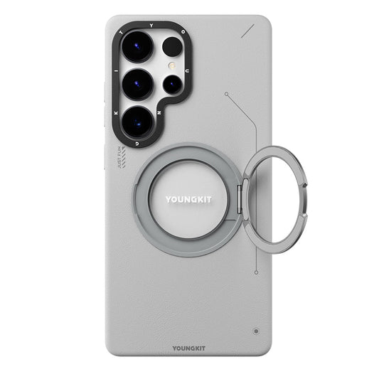 Galaxy S25 Ultra Kılıf M-safe Şarj Özellikli 360° Standlı Basit Mat Deri Desenli Youngkit Tech Leather Serisi Kapak