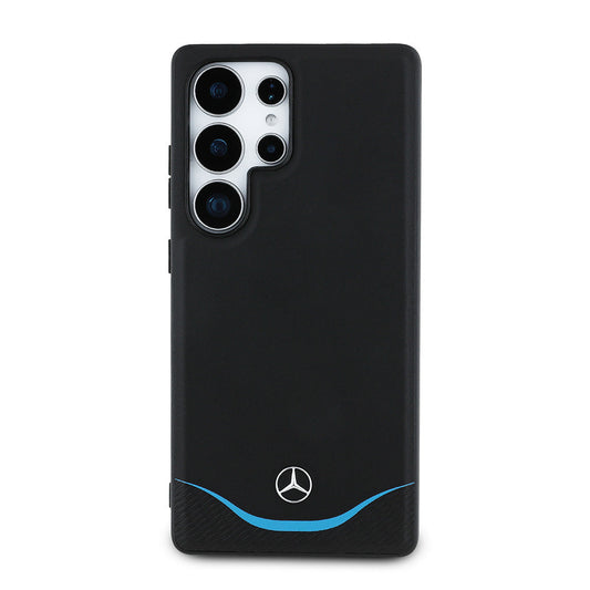 Galaxy S25 Ultra Kılıf Mercedes Benz Orjinal Lisanslı M-safe Şarj Özellikli 3D Metal Logolu Mavi Yatay Eğri Çizgili Deri Kapak