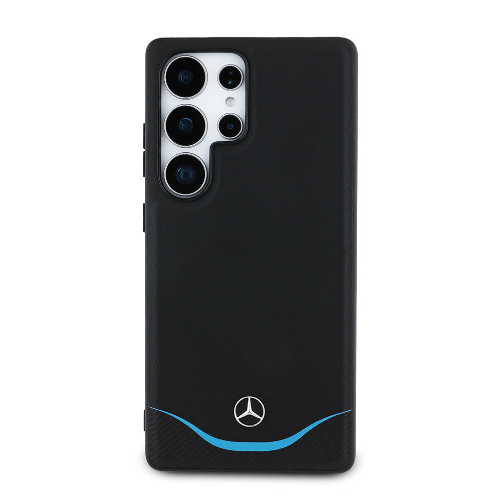 Galaxy S25 Ultra Kılıf Mercedes Benz Orjinal Lisanslı M-safe Şarj Özellikli 3D Metal Logolu Mavi Yatay Eğri Çizgili Deri Kapak - Görsel 2