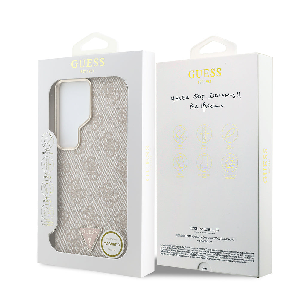 Galaxy S26 Ultra Kılıf Guess Orjinal Lisanslı M-safe Şarj Özellikli Gold Metal Kamera Çerçeveli Taşlı Üçgen Logo 4G Desenli Kapak - Görsel 8