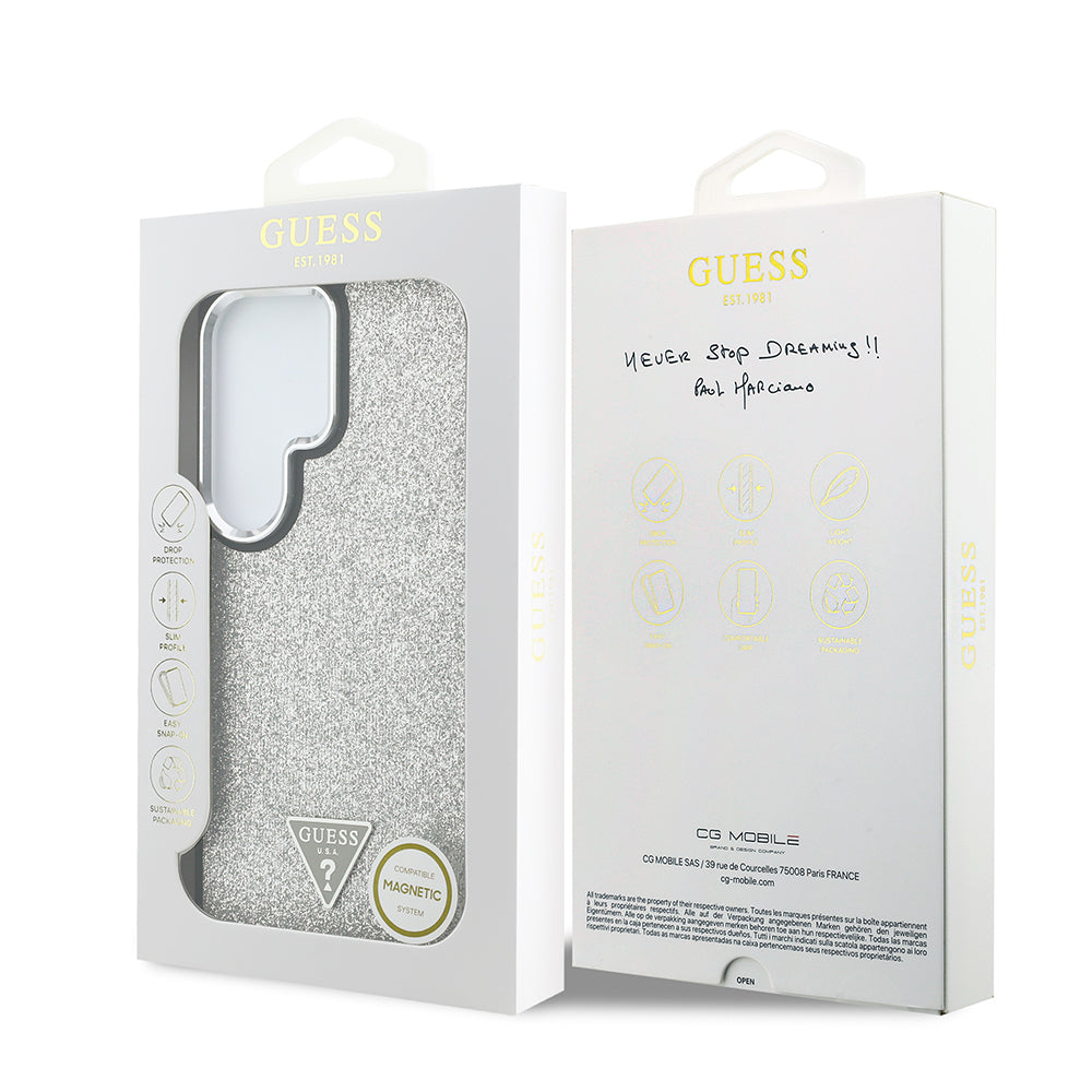 Galaxy S26 Ultra Kılıf Guess Orjinal Lisanslı M-safe Şarj Özellikli Metal Kamera Çerçeveli Üçgen Logolu Glitter Kapak - Görsel 8