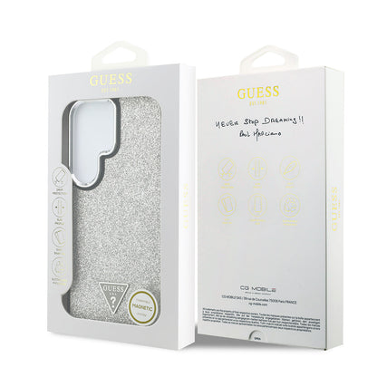 Galaxy S26 Ultra Kılıf Guess Orjinal Lisanslı M-safe Şarj Özellikli Metal Kamera Çerçeveli Üçgen Logolu Glitter Kapak - Görsel 8