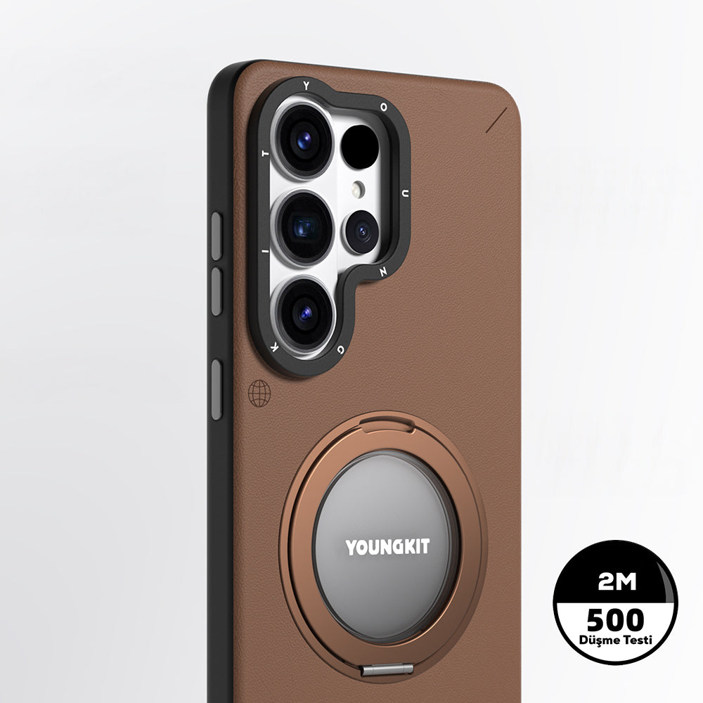 Galaxy S26 Ultra Kılıf M-safe Şarj Özellikli 360° Standlı Basit Mat Deri Desenli Youngkit Tech Leather Serisi Kapak - Görsel 5