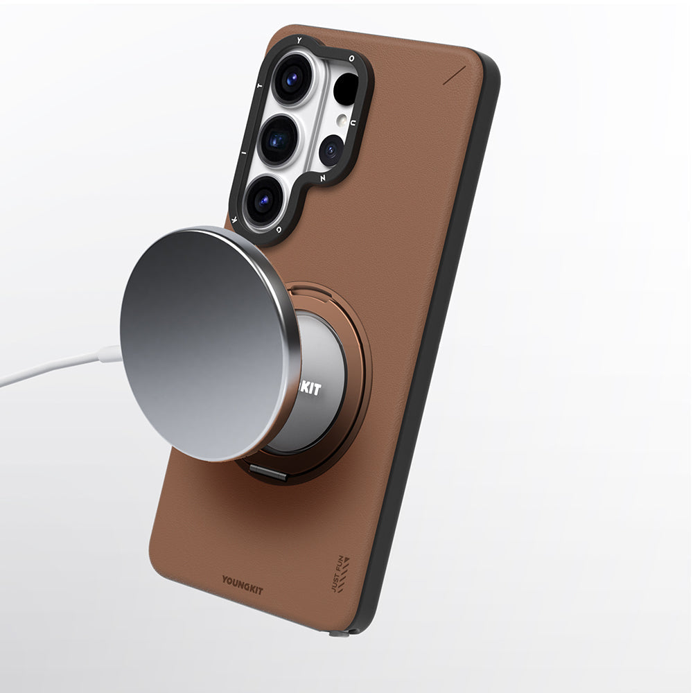 Galaxy S26 Ultra Kılıf M-safe Şarj Özellikli 360° Standlı Basit Mat Deri Desenli Youngkit Tech Leather Serisi Kapak - Görsel 8