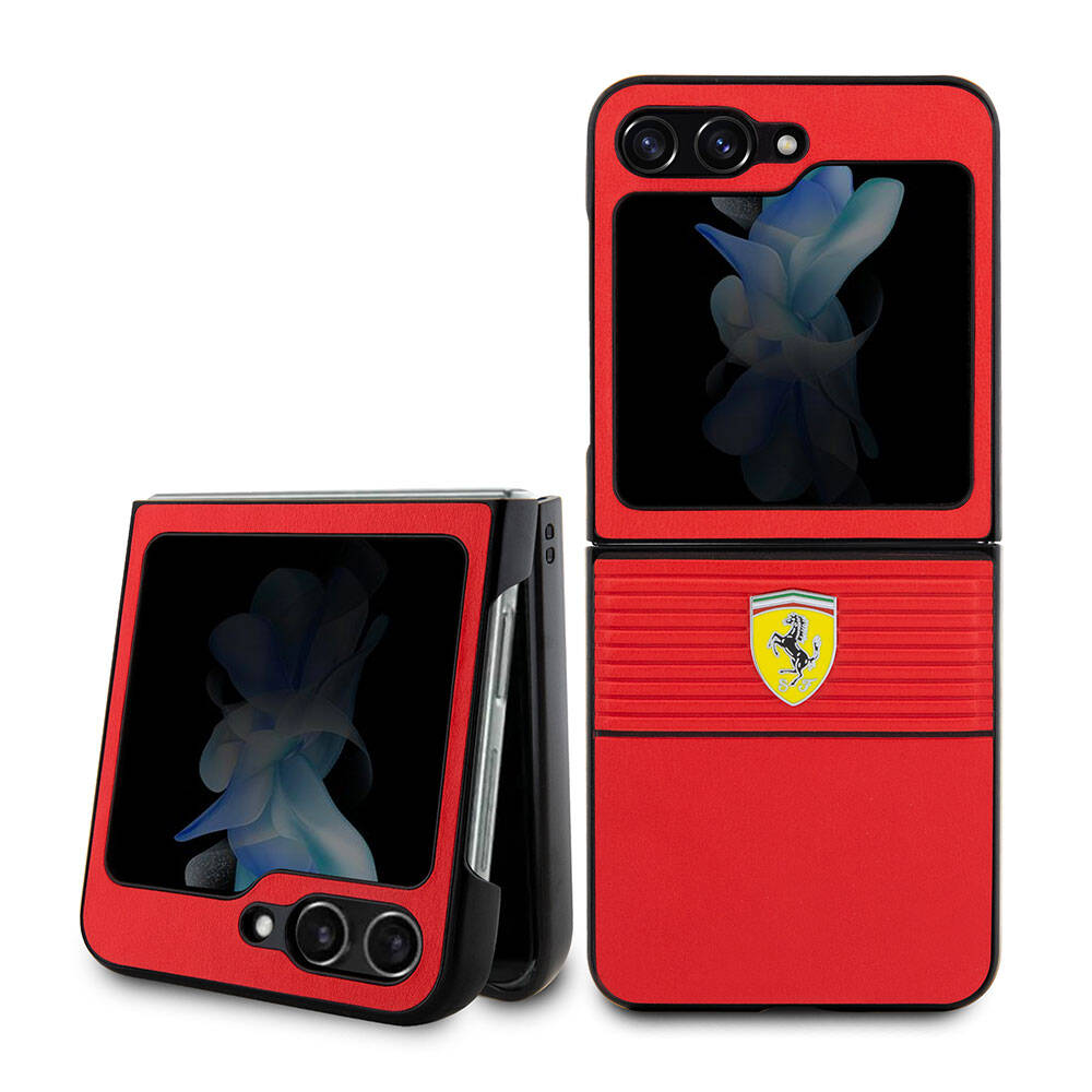 Galaxy Z Flip 5 Kılıf Ferrari Orjinal Lisanslı PU Deri Metal Logolu Multi Çizgili Kapak - Görsel 3