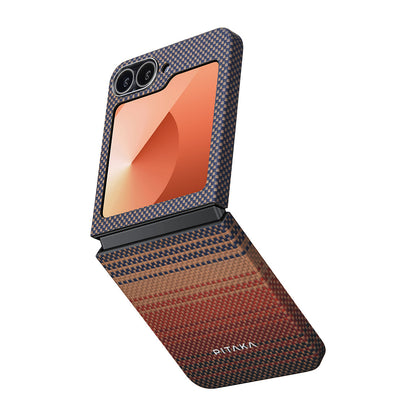 Galaxy Z Flip 6 Kılıf M-safe Şarj Özellikli Aramid Fiber Pitaka Tactile Woven Sunset-Moonrise Serisi Sunset Kapak - Görsel 2