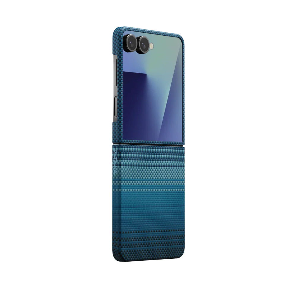 Galaxy Z Flip 7 Kılıf M-safe Şarj Özellikli Aramid Fiber Pitaka Tactile Woven Sunset-Moonrise Serisi Kapak - Görsel 2