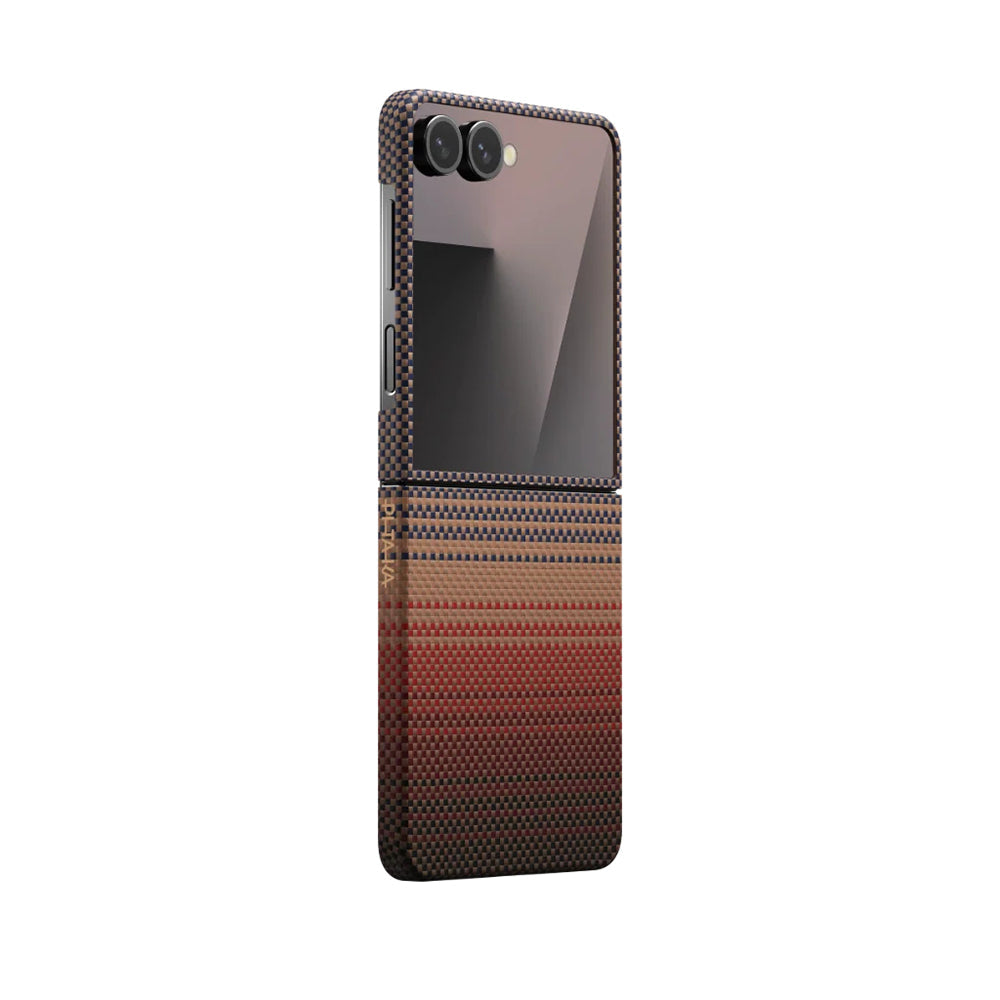 Galaxy Z Flip 7 Kılıf M-safe Şarj Özellikli Aramid Fiber Pitaka Tactile Woven Sunset-Moonrise Serisi Kapak - Görsel 3