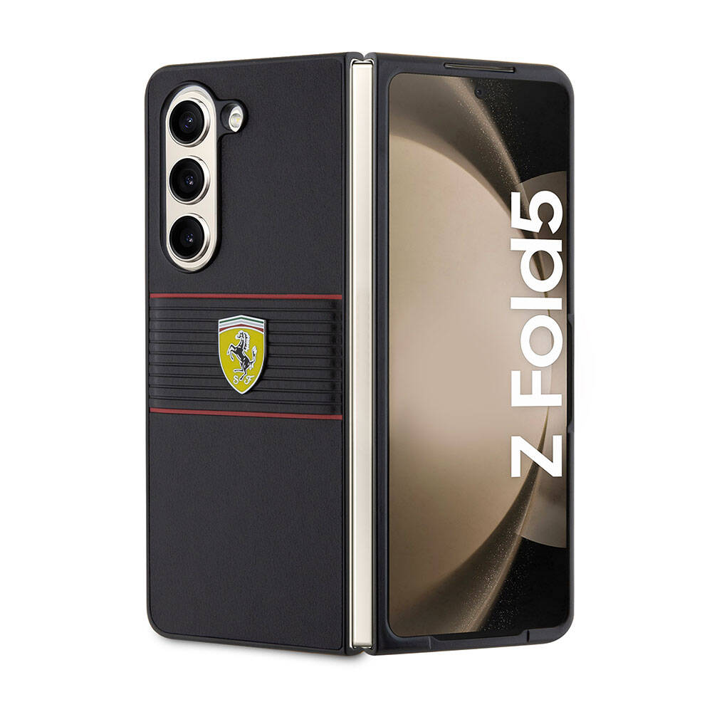 Galaxy Z Fold 5 Kılıf Ferrari Orjinal Lisanslı PU Deri Metal Logolu Multi Çizgili Kapak - Görsel 2