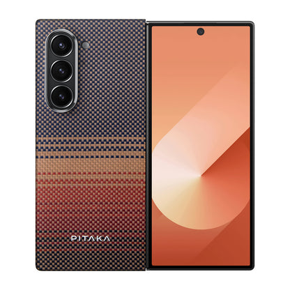 Galaxy Z Fold 6 Kılıf M-safe Şarj Özellikli Aramid Fiber Pitaka Tactile Woven Sunset-Moonrise Serisi Sunset Kapak - Görsel 2