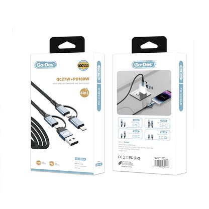 Go Des GD-UC809 4in1 PD Çoklu USB-A + Type-C to Type-C + Lightning Şarj ve Data Kablosu 100W 120cm