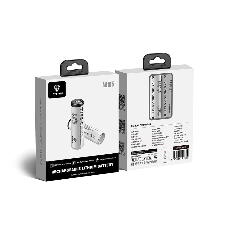 Lenyes AA105 Type-C Şarj Portlu Şarj Edilebilir AA Lityum-ion Pil 2800mWh 1.5V 2 Adet