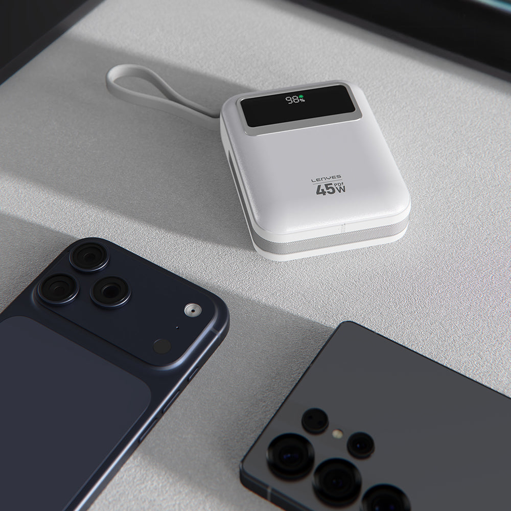 Lenyes C03-A Dijital LED Göstergeli Type-C ve Lightning Kablolu Powerbank 45W 10.000mAh