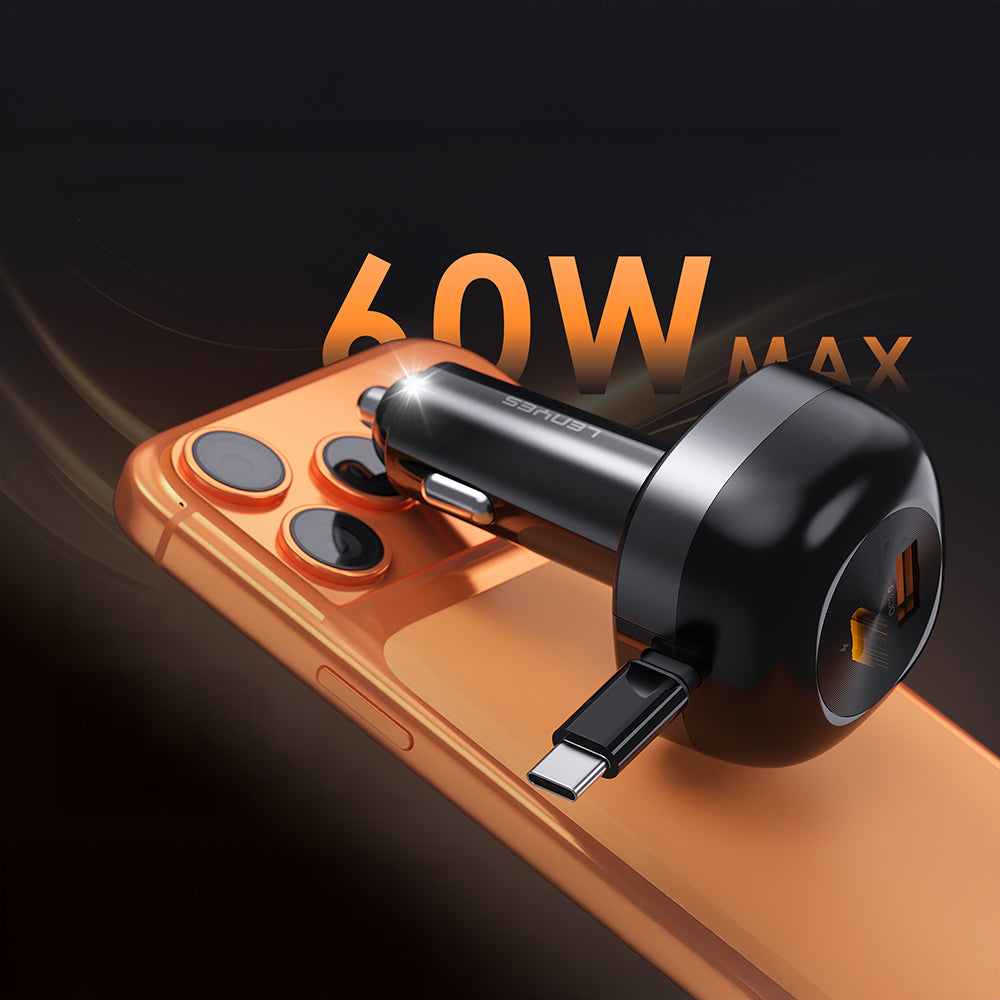 Lenyes CA59 Type-C Kablolu Hızlı Şarj Özellikli Type-C + USB-A Portlu Araç Şarj Aleti PD 60W