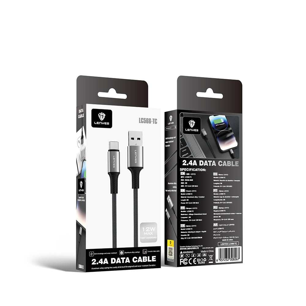 Lenyes LC566 USB-A to Type-C Örgü Tasarımlı Hızlı Şarj Özellikli Data ve Şarj Kablosu 12W 2M