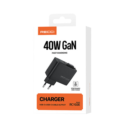Recci RC102E GaN Teknolojili Hızlı Şarj Başlığı USB-A to Type-C PD 40W Type-C Kablolu Şarj Seti