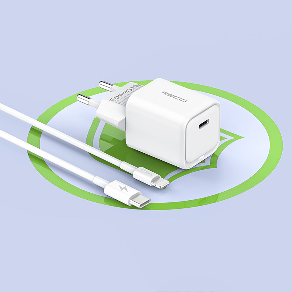 Recci RC65E Hızlı Şarj Başlığı Type-C to Lightning PD 20W Kablolu Şarj Seti