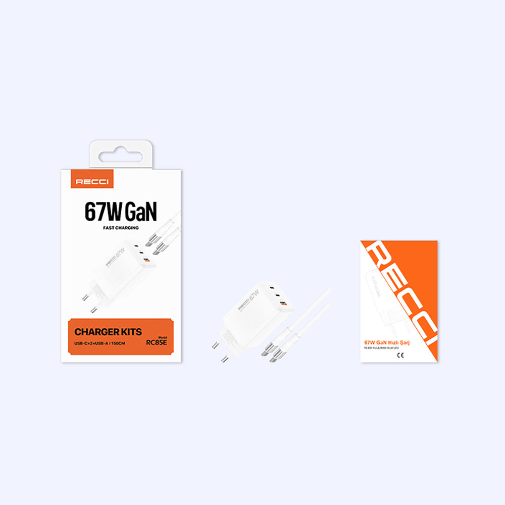 Recci RC85E GaN Teknolojili Hızlı Şarj Başlığı USB-A to Type-C PD 67W Kablolu Şarj Seti