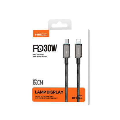 Recci RS42CL Lamp Display Serisi Type-C to Lightning PD 30W Hızlı Şarj Özellikli Data ve Şarj Kablosu 1.5M