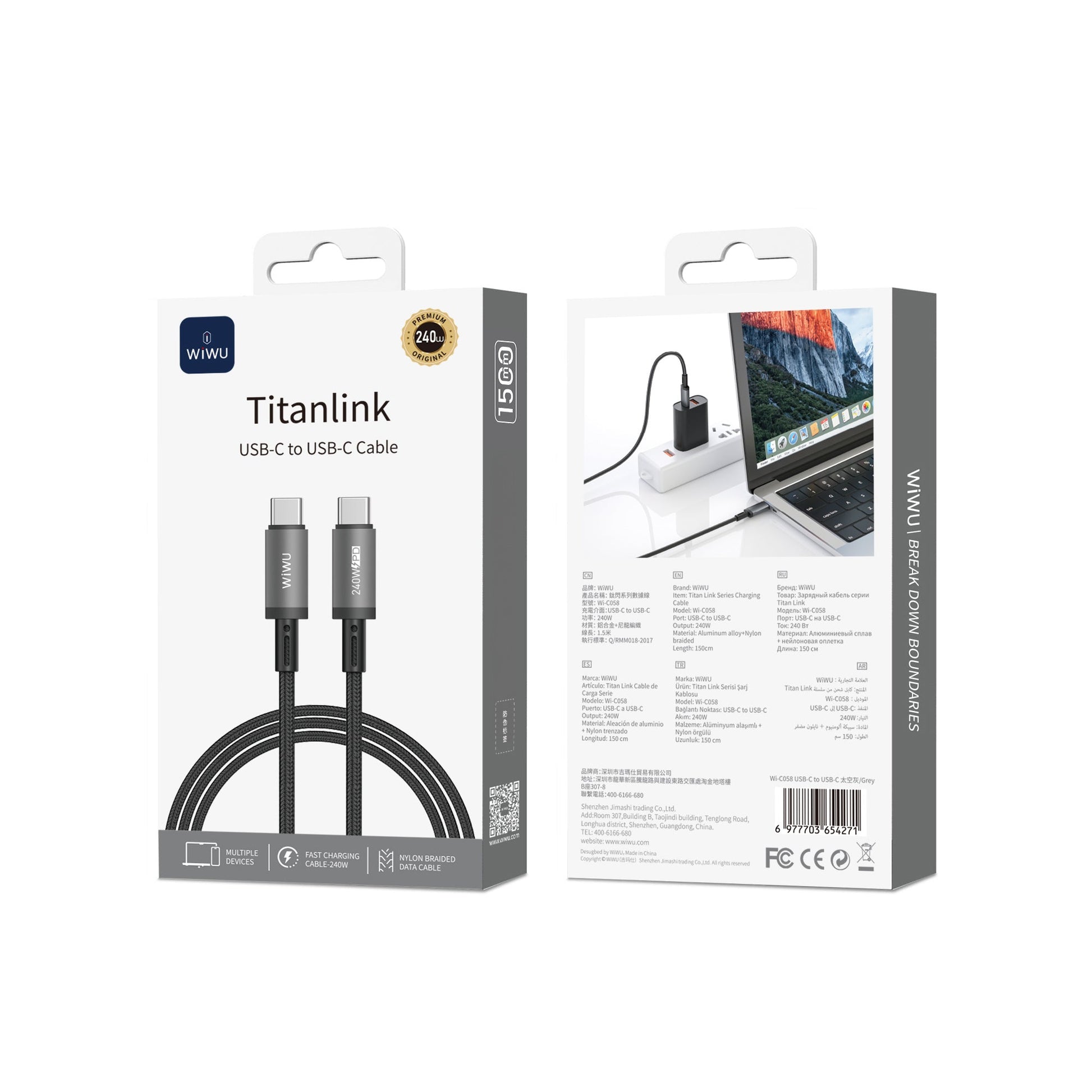 Wiwu Wi-C058 Titanlink Serisi Type-C to Type-C Hızlı Şarj Özellikli Data ve Şarj Kablosu 240W 1.5M