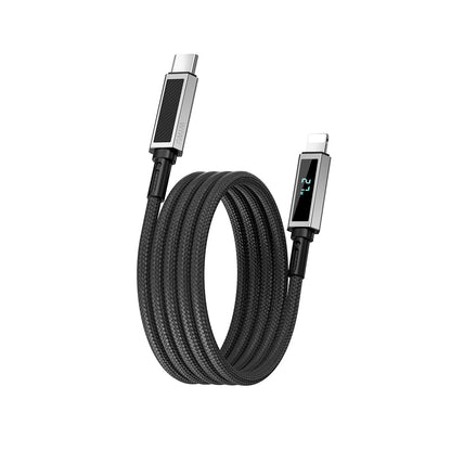 Wiwu Wi-C080 Warriors Serisi Aramid Fiber Dijital LED Göstergeli Type-C to Lightning PD Data ve Şarj Kablosu 27W 1M