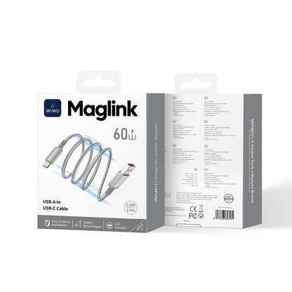 Wiwu Wi-C082 Maglink Serisi LED Göstergeli USB-A to Type-C Hızlı Şarj Özellikli Data ve Şarj Kablosu 60W 1M