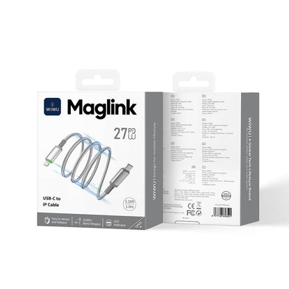 Wiwu Wi-C083 Maglink Serisi Işıklı Magnetik Type-C to Lightning PD Hızlı Şarj Özellikli Data ve Şarj Kablosu 27W 1M