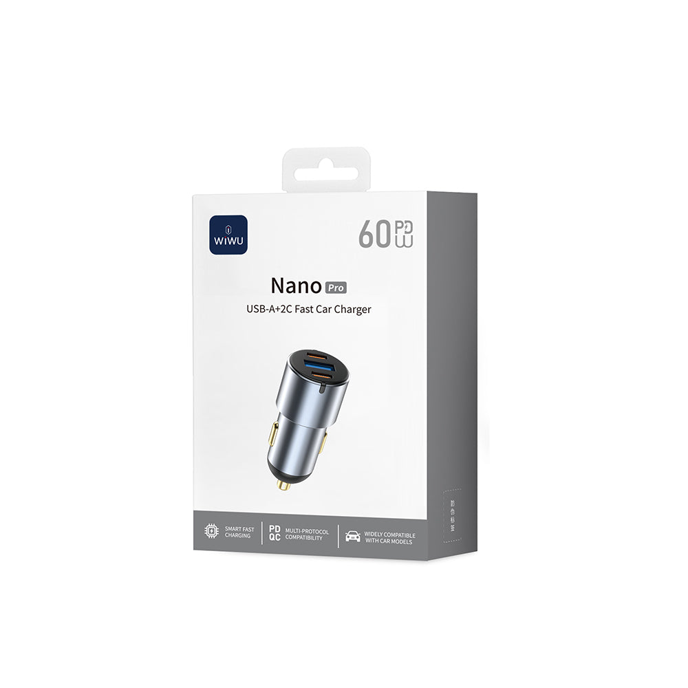 Wiwu Wi-CC032 Nano Pro Serisi Dual Type-C + USB-A Hızlı Şarj Özellikli Akım Korumalı Araç Şarj Aleti PD VE QC3.0 60W