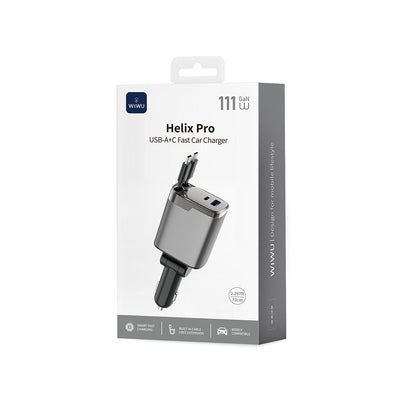 Wiwu Wi-CC034 Type-C + USB-A Hızlı Şarj Özellikli GaN Teknolojili Dahili Kablolu Araç Şarj Aleti 111W
