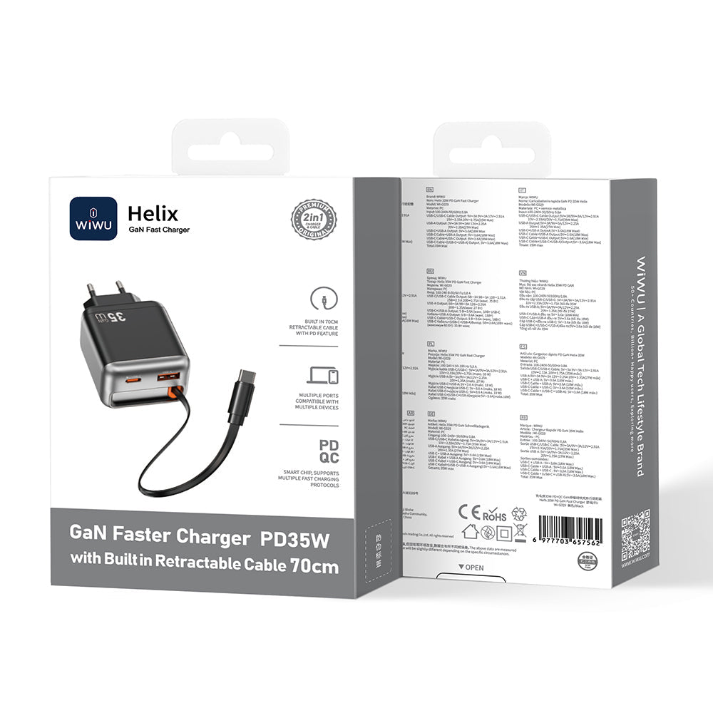 Wiwu Wi-G029 Helix Serisi GaN Teknolojili Hızlı Şarj Başlığı USB-A to Type-C PD 35W Type-C Kablolu Şarj Seti