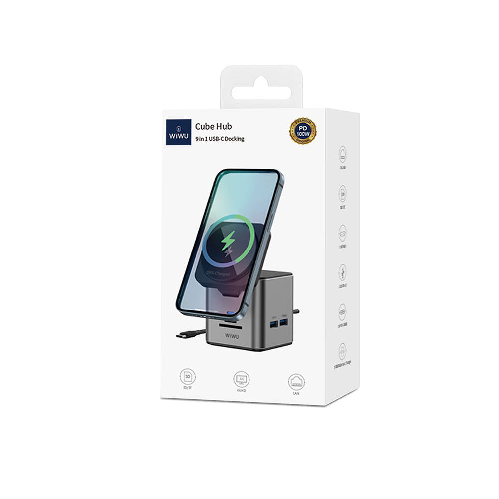 Wiwu Wi-W025 9in1 M-safe Şarj Özellikli Type-C Hub PD 100W USB 3.0 SD/TF HDMI RJ45