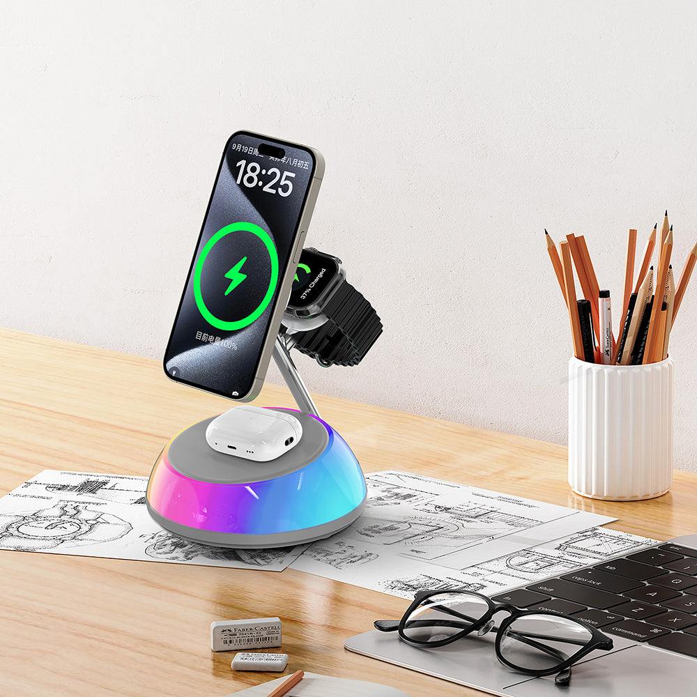 Wiwu Wi-W036 Qi2 3 in 1 Magnetik Hızlı Şarj Özellikli Ambiyans Işıklı Kablosuz Şarj Standı 15W